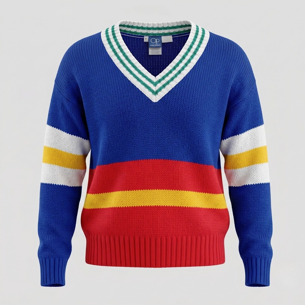 Ocean Pacific Mens M Blue Sweater V-Neck Vintage Colorblock Primary Stripe Retro